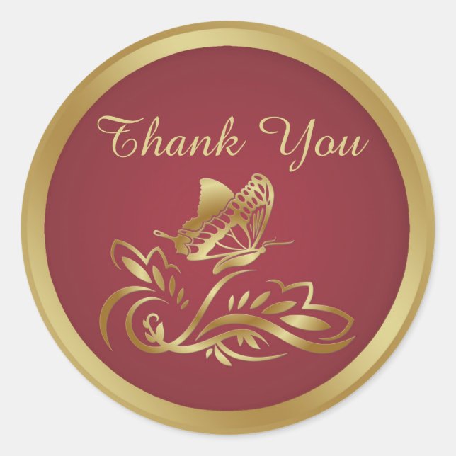 Golden butterfly, swirls on red Thank You Sticker (Front)