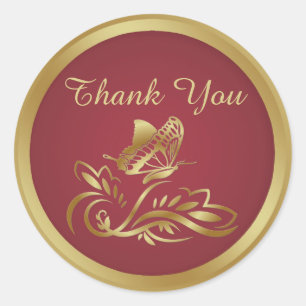 Golden butterfly, swirls on red Thank You Sticker