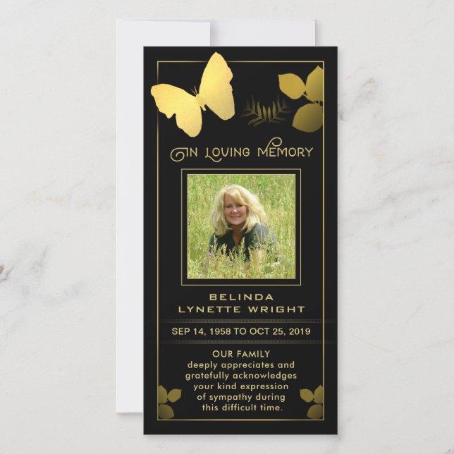 Golden Butterfly Thank You Photo Sympathy Card (Front)