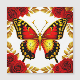 Golden Butterfly With Red Roses And Golden Leaves