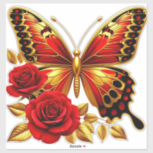 Golden Butterfly With Red Roses And Golden Leaves