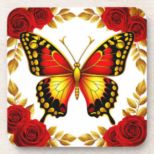 Golden Butterfly With Red Roses And Golden Leaves Coaster