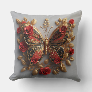 Golden Butterfly With Red Roses And Golden Leaves Cushion