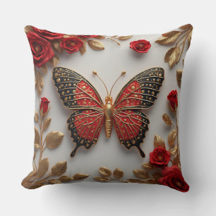 Golden Butterfly With Red Roses And Golden Leaves Cushion