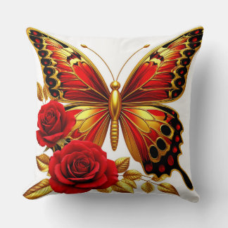 Golden Butterfly With Red Roses And Golden Leaves Cushion