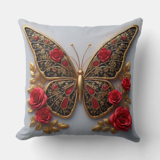 Golden Butterfly With Red Roses And Golden Leaves Cushion