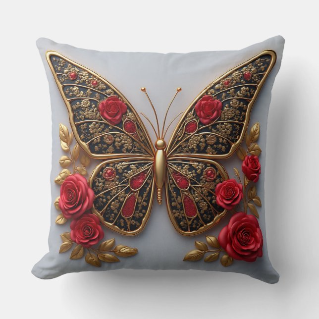 Golden Butterfly With Red Roses And Golden Leaves Cushion (Front)