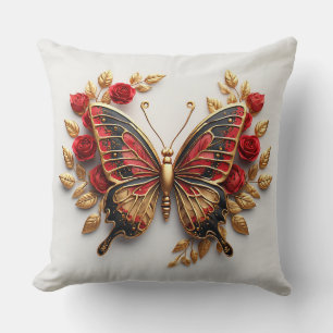 Golden Butterfly With Red Roses And Golden Leaves Cushion