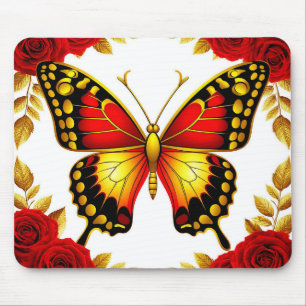 Golden Butterfly With Red Roses And Golden Leaves Mouse Mat