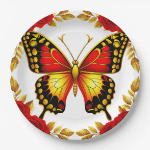 Golden Butterfly With Red Roses And Golden Leaves Paper Plate