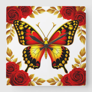 Golden Butterfly With Red Roses And Golden Leaves Square Wall Clock