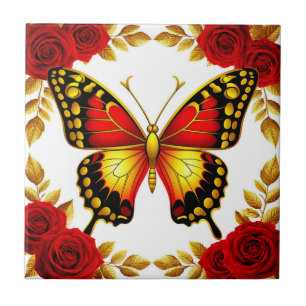 Golden Butterfly With Red Roses And Golden Leaves Tile
