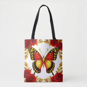 Golden Butterfly With Red Roses And Golden Leaves Tote Bag