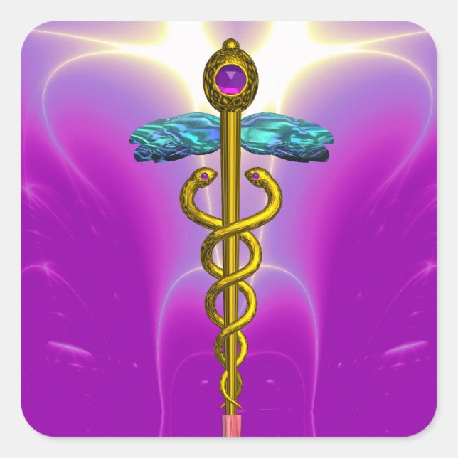 GOLDEN CADUCEUS,Medical Symbol Pink Fuchsia Square Sticker (Front)