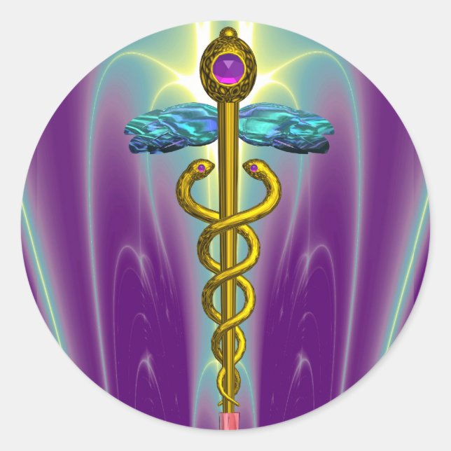 GOLDEN CADUCEUS Medical Symbol Vibrant Purple Classic Round Sticker (Front)