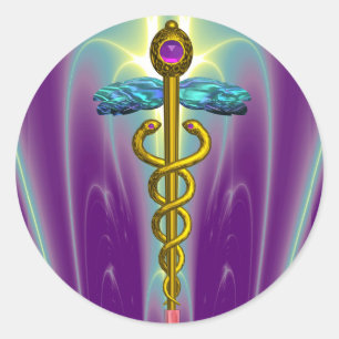 GOLDEN CADUCEUS Medical Symbol Vibrant Purple Classic Round Sticker
