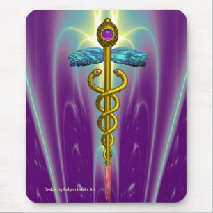 GOLDEN CADUCEUS Medical Symbol , Vibrant Purple Mouse Mat