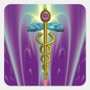 GOLDEN CADUCEUS Medical Symbol Vibrant Purple Square Sticker