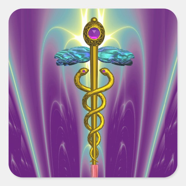 GOLDEN CADUCEUS Medical Symbol Vibrant Purple Square Sticker (Front)