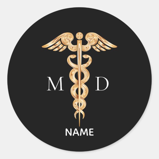 Golden Caduceus Symbol & Medical Doctor Monogram C Classic Round Sticker (Front)