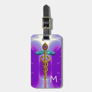 GOLDEN CADUCEUS SYMBOL MONOGRAM Purple Teal Blue Luggage Tag