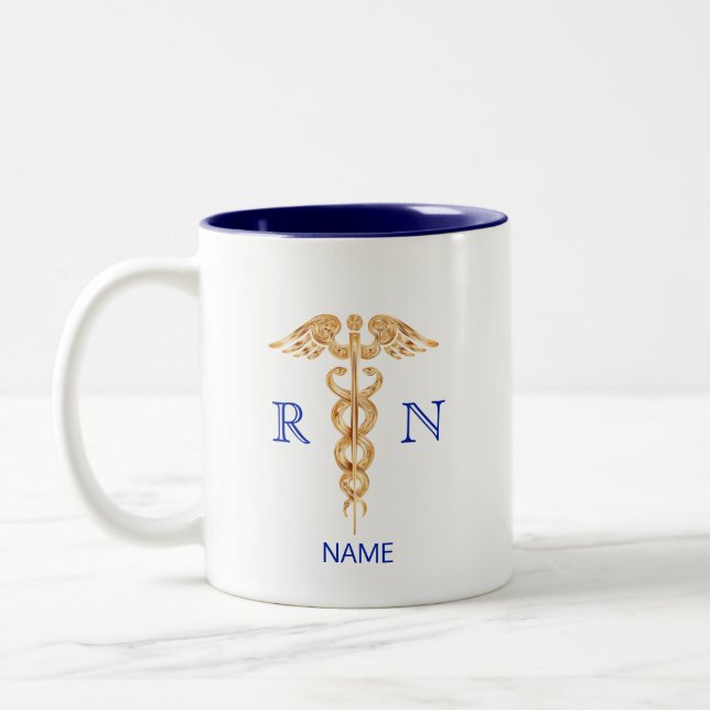Golden Caduceus Symbol & Registered Nurse Monogram Two-Tone Coffee Mug (Left)