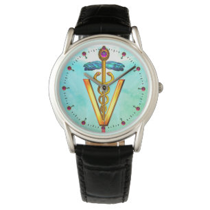 GOLDEN CADUCEUS VETERINARY SYMBOL Aqua Blue Green Watch
