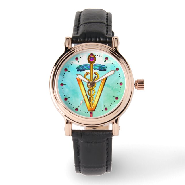 GOLDEN CADUCEUS VETERINARY SYMBOL Aqua Blue Green Watch (Front)