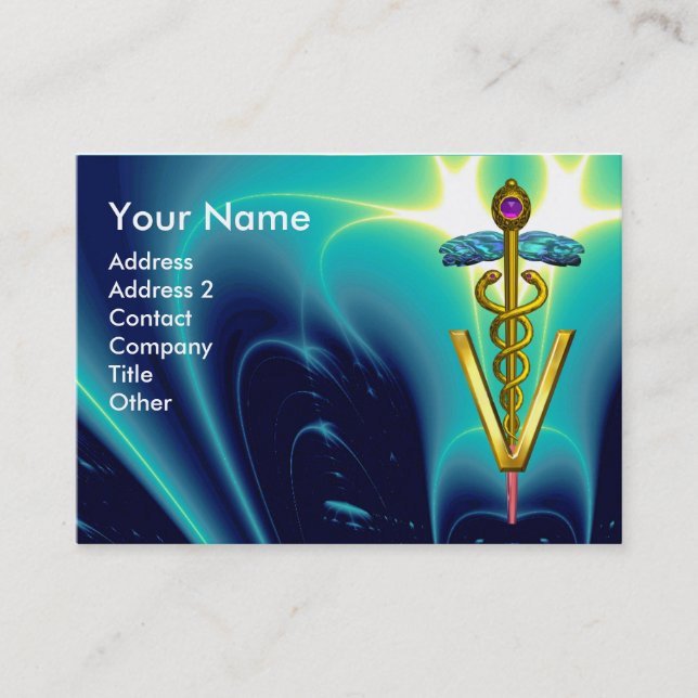 GOLDEN CADUCEUS VETERINARY SYMBOL / Aqua Blue Teal Business Card (Front)