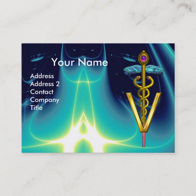 GOLDEN CADUCEUS VETERINARY SYMBOL / Aqua Blue Teal Business Card (Front)