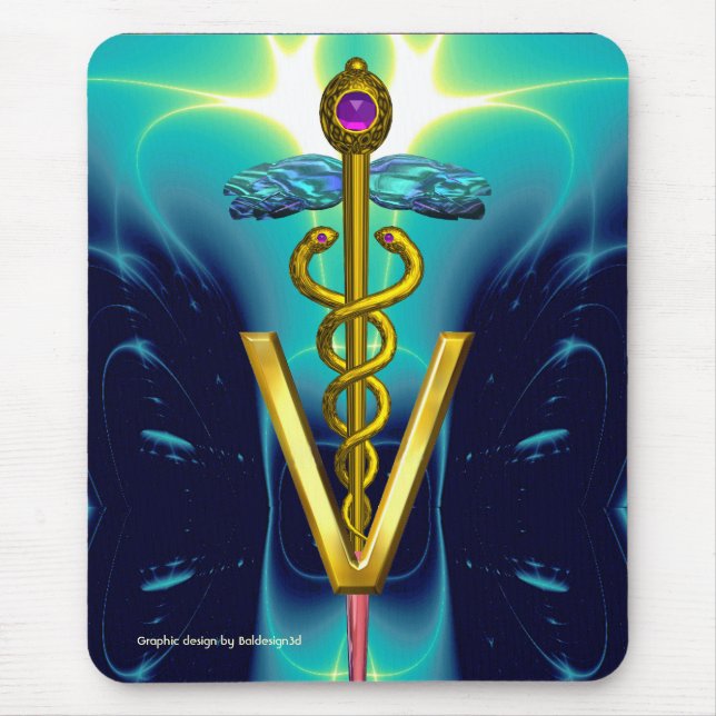 GOLDEN CADUCEUS VETERINARY SYMBOL / Aqua Blue Teal Mouse Mat (Front)
