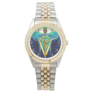 GOLDEN CADUCEUS VETERINARY SYMBOL / Aqua Blue,Teal Watch