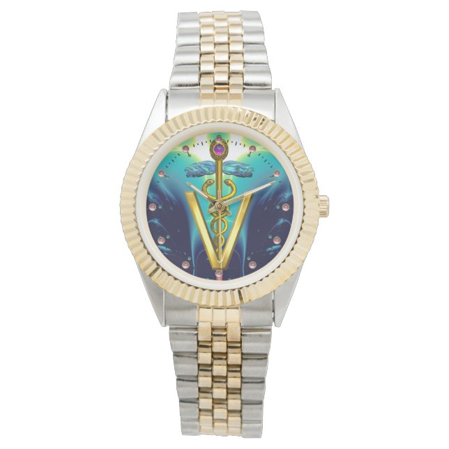 GOLDEN CADUCEUS VETERINARY SYMBOL / Aqua Blue,Teal Watch (Front)