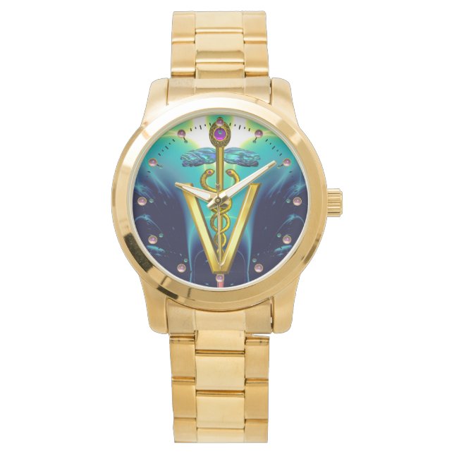 GOLDEN CADUCEUS VETERINARY SYMBOL / Aqua Blue,Teal Watch (Front)