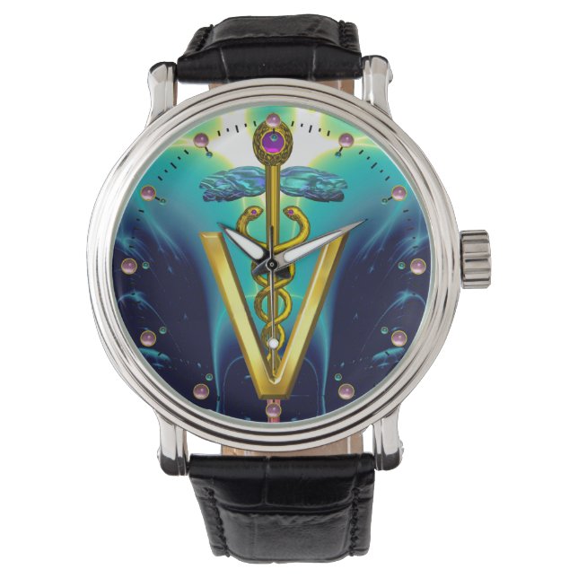 GOLDEN CADUCEUS VETERINARY SYMBOL / Aqua Blue,Teal Watch (Front)