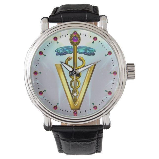 GOLDEN CADUCEUS VETERINARY SYMBOL Aqua Blue Watch (Front)