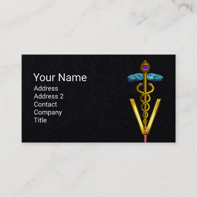 GOLDEN CADUCEUS VETERINARY SYMBOL Black Paper Business Card (Front)