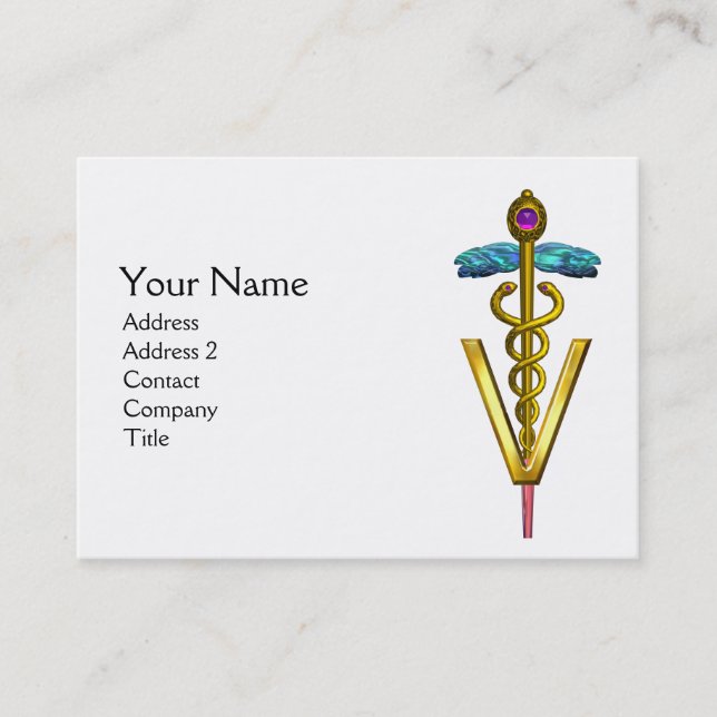 GOLDEN CADUCEUS VETERINARY SYMBOL / Black White Business Card (Front)