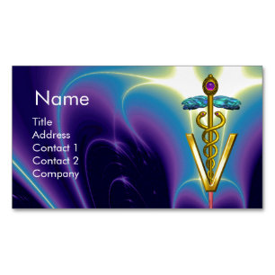 GOLDEN CADUCEUS VETERINARY SYMBOL / Blue Purple Magnetic Business Card