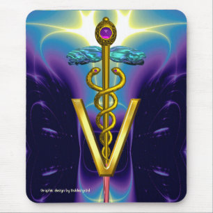 GOLDEN CADUCEUS VETERINARY SYMBOL /  Blue Purple Mouse Mat