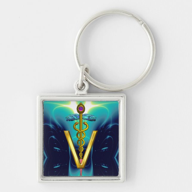 GOLDEN CADUCEUS VETERINARY SYMBOL Blue Turquoise Key Ring (Front)