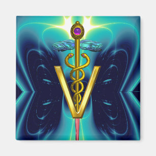 GOLDEN CADUCEUS VETERINARY SYMBOL Blue Turquoise Magnet