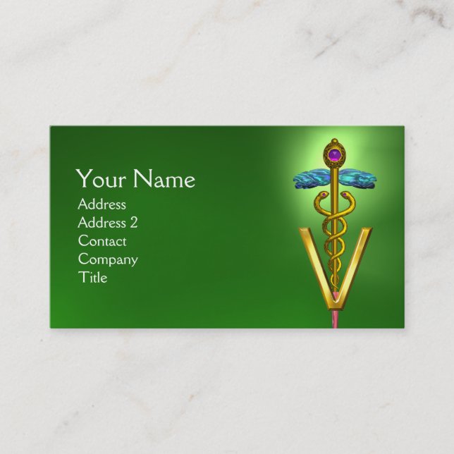 GOLDEN CADUCEUS VETERINARY SYMBOL / Emerald Green Business Card (Front)