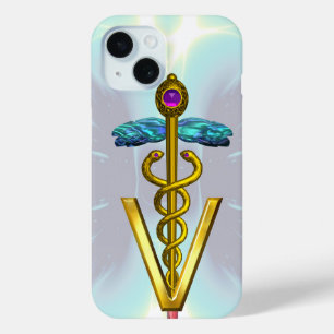 GOLDEN CADUCEUS VETERINARY SYMBOL Light Blue Teal iPhone 15 Case