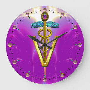 GOLDEN CADUCEUS VETERINARY SYMBOL / Pink Fuchsia Large Clock