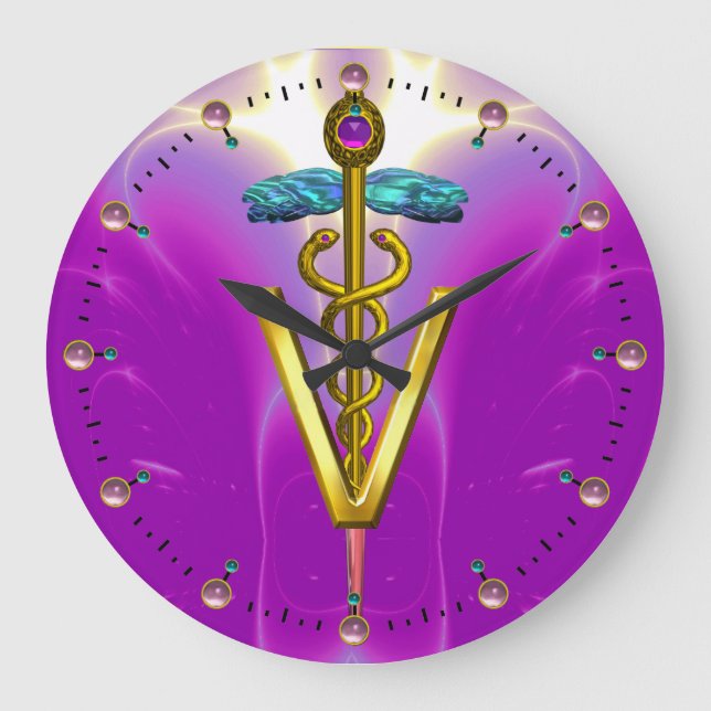 GOLDEN CADUCEUS VETERINARY SYMBOL / Pink Fuchsia Large Clock (Front)