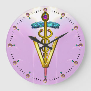 GOLDEN CADUCEUS VETERINARY SYMBOL / Pink Large Clock