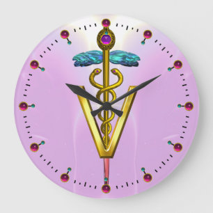 GOLDEN CADUCEUS VETERINARY SYMBOL / Pink Large Clock