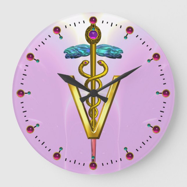 GOLDEN CADUCEUS VETERINARY SYMBOL / Pink Large Clock (Front)