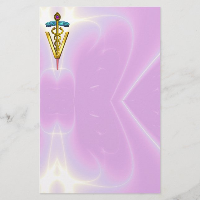 GOLDEN CADUCEUS VETERINARY SYMBOL / Pink Lilac Stationery (Front)